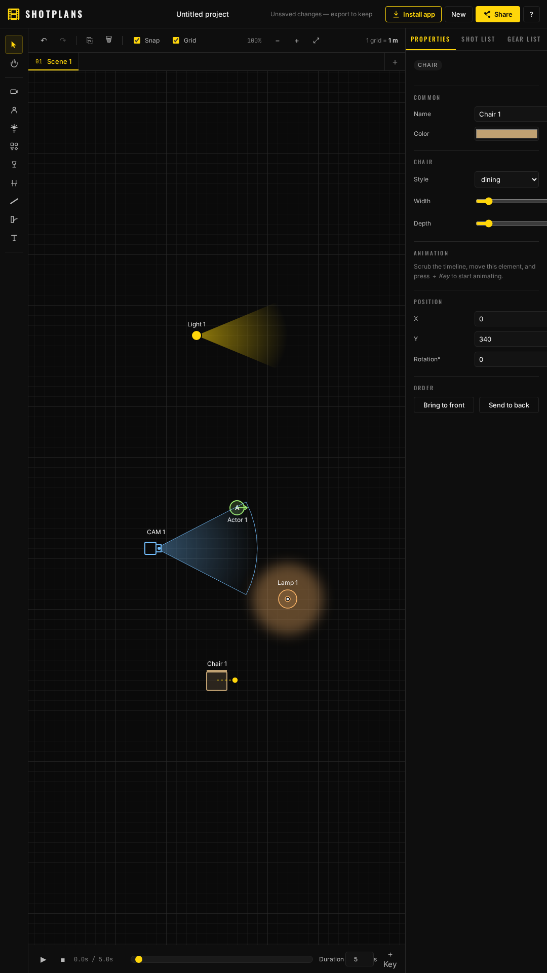 SHOTPLANS editor on a phone showing a scene with cameras, field-of-view cones, actors, and lights placed on a grid